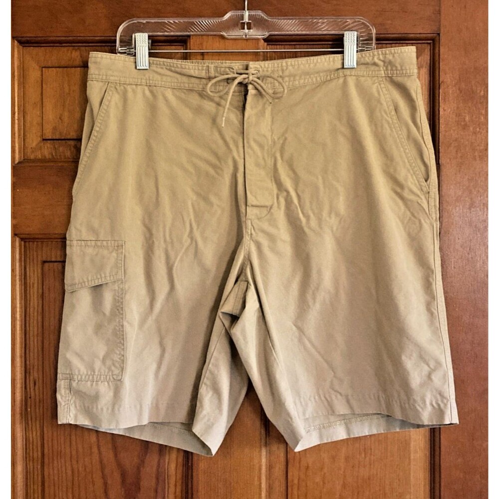J Crew Mens 36 Khaki Tie Flat Front Hook and Loop Fly 8 Inch Inseam Cargo Shorts
